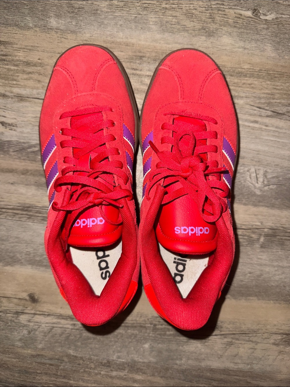 adidas Red Sneakers with Purple Accent Stripes